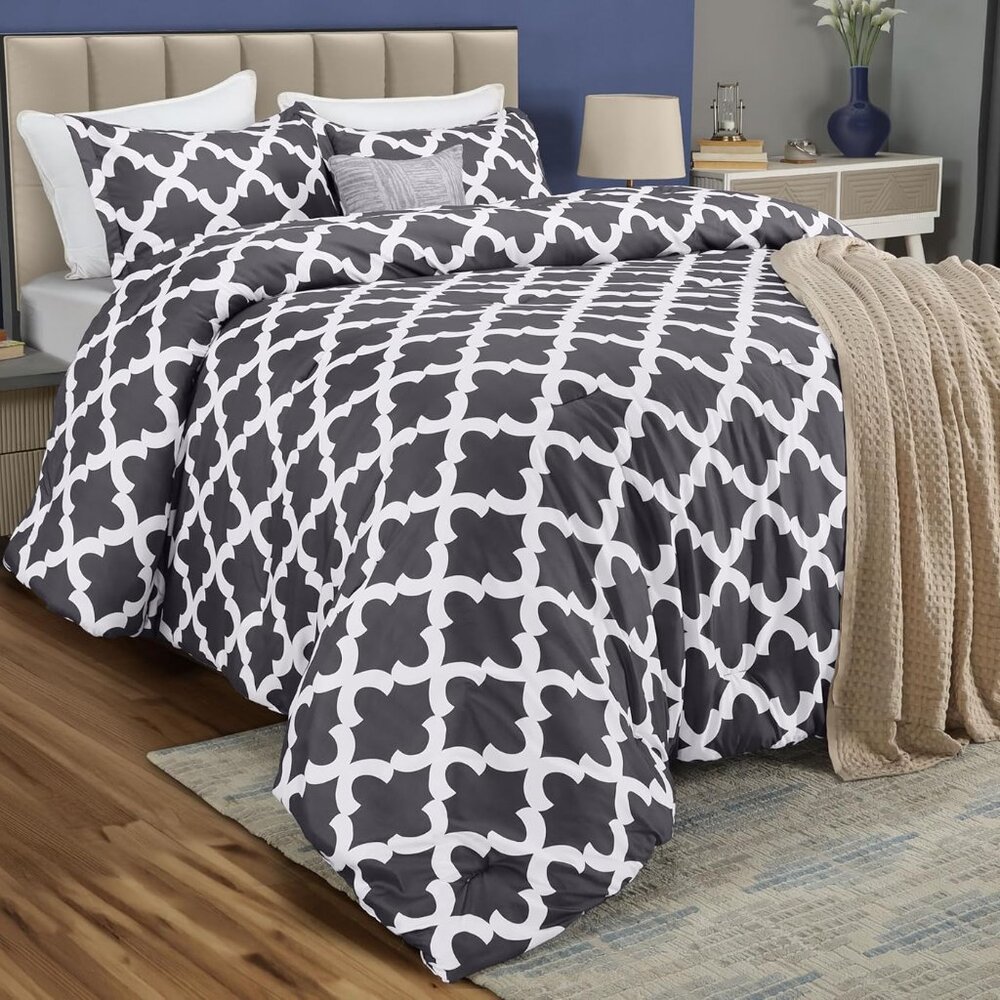 Comforter Set Grey, Printed Comforters King  or Queen Size, 3 Piece Lightweight